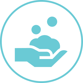 Circle with a teal hand and bubbles